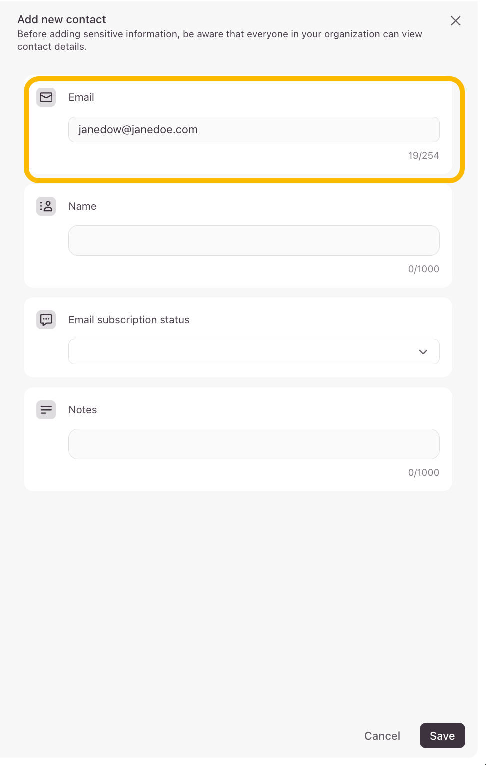 The Email field in the contact creation sidebar with a required email address entered.