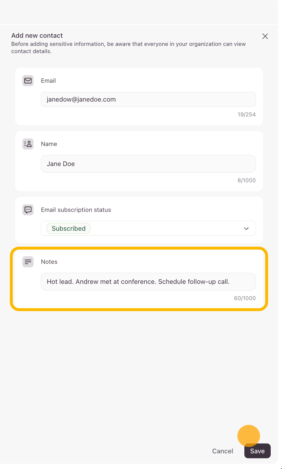 The Notes text entry box and the Save button at the bottom of the contact sidebar.