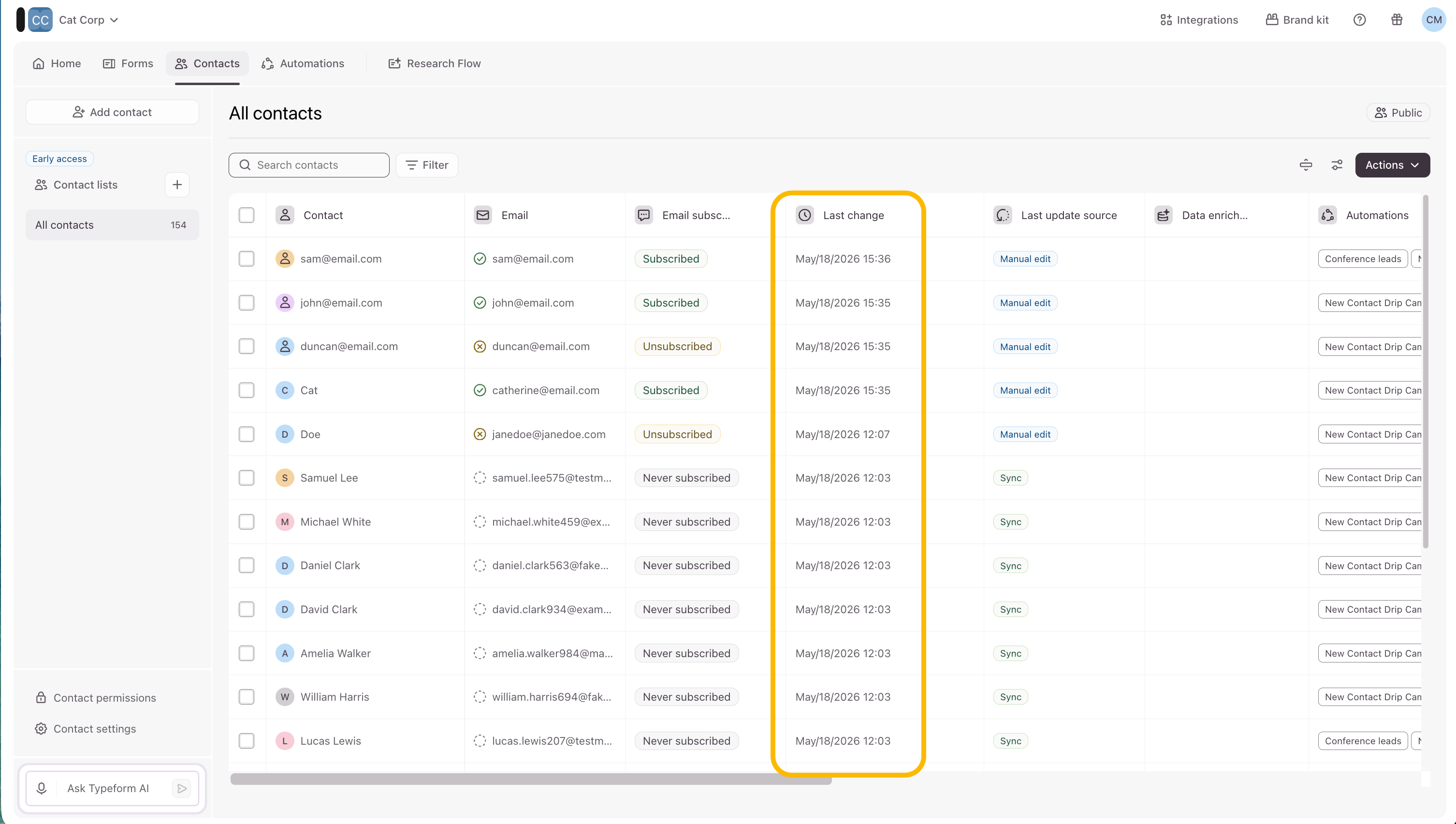 The Contacts table highlighting the Last change column with dates and times of updates.
