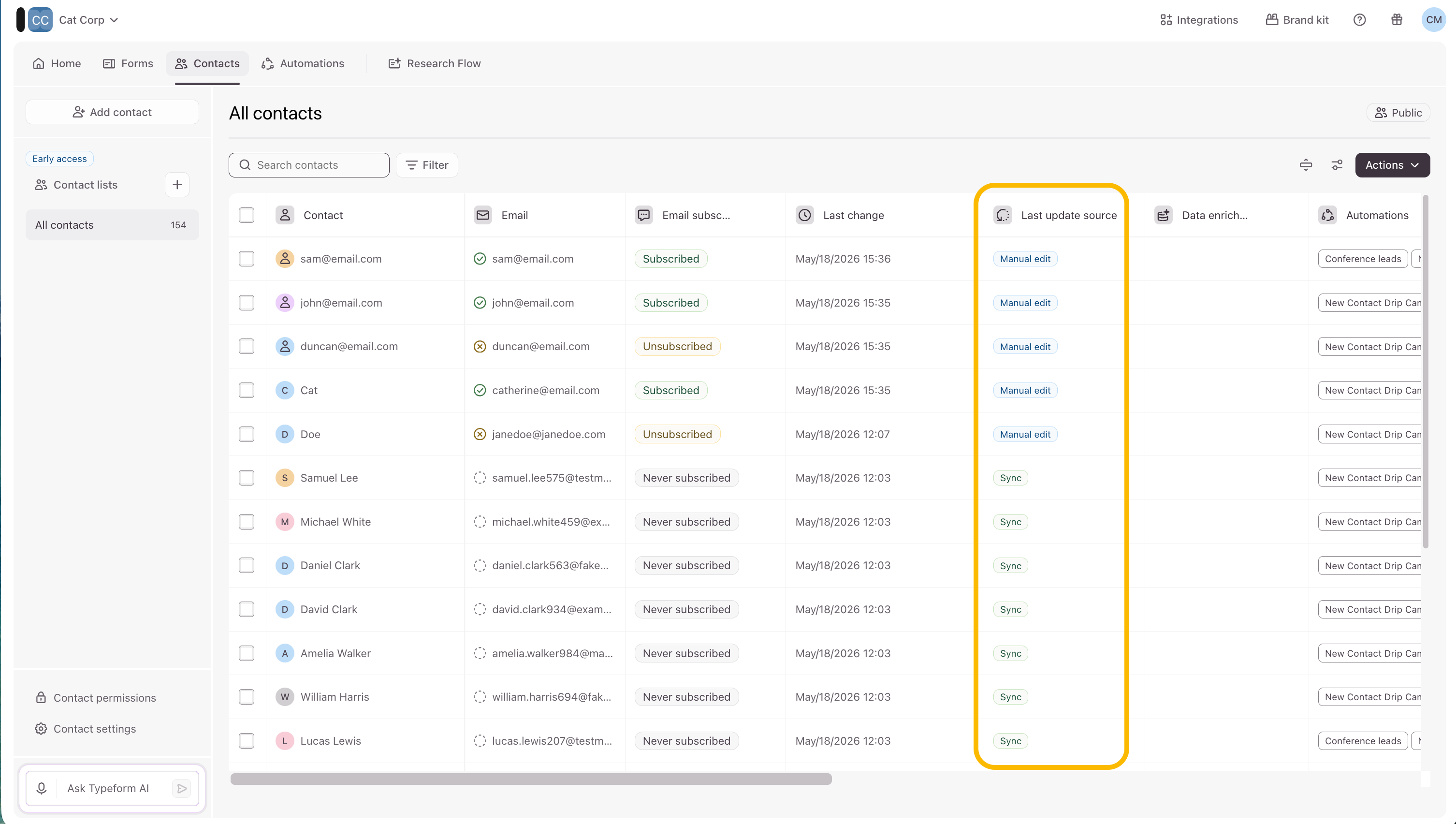 The Contacts table highlighting the Last update source column displaying CSV import and Manual edit values.