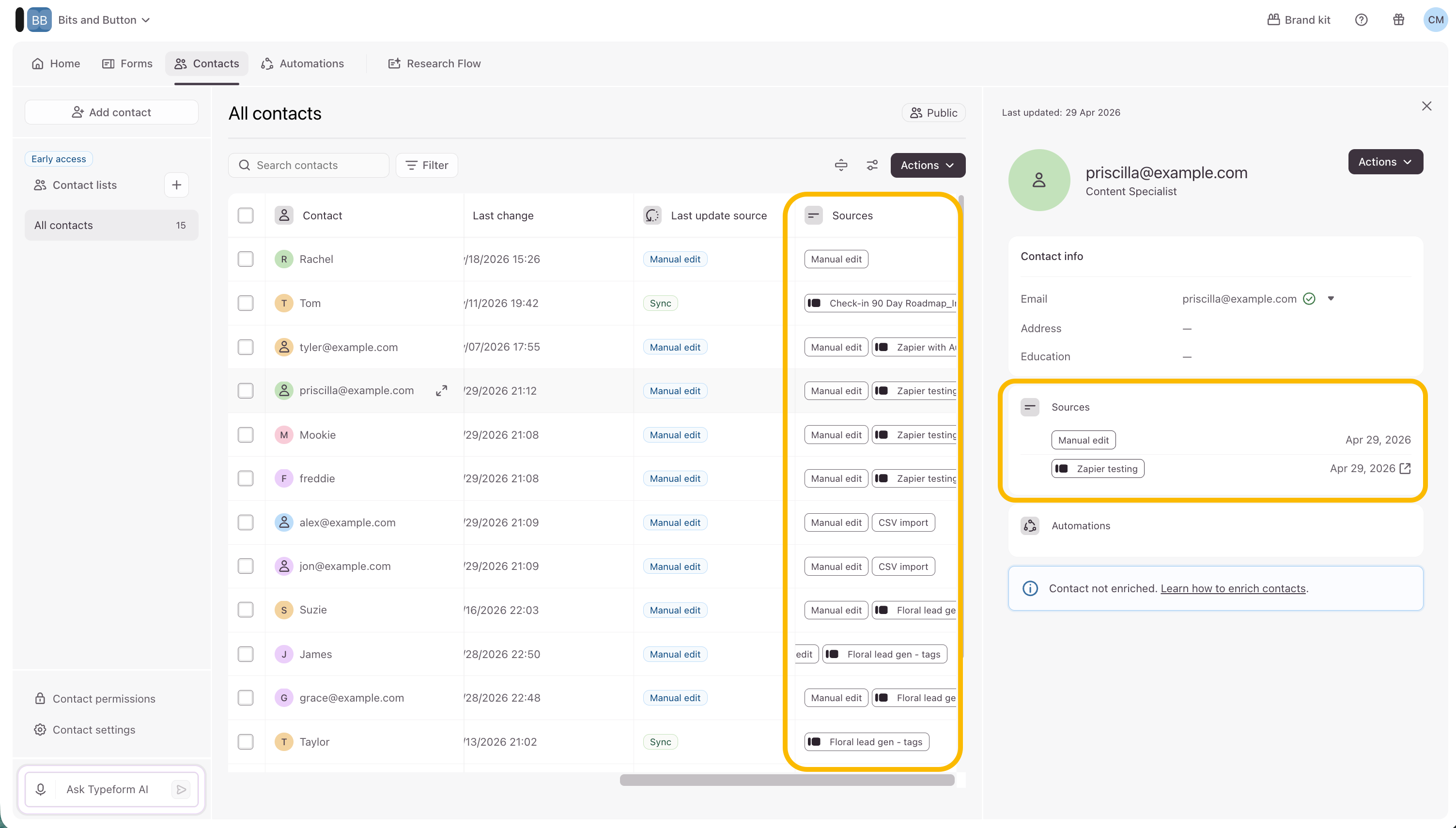 The right-hand contact sidebar highlighting the Sources column details and form expansion icons.