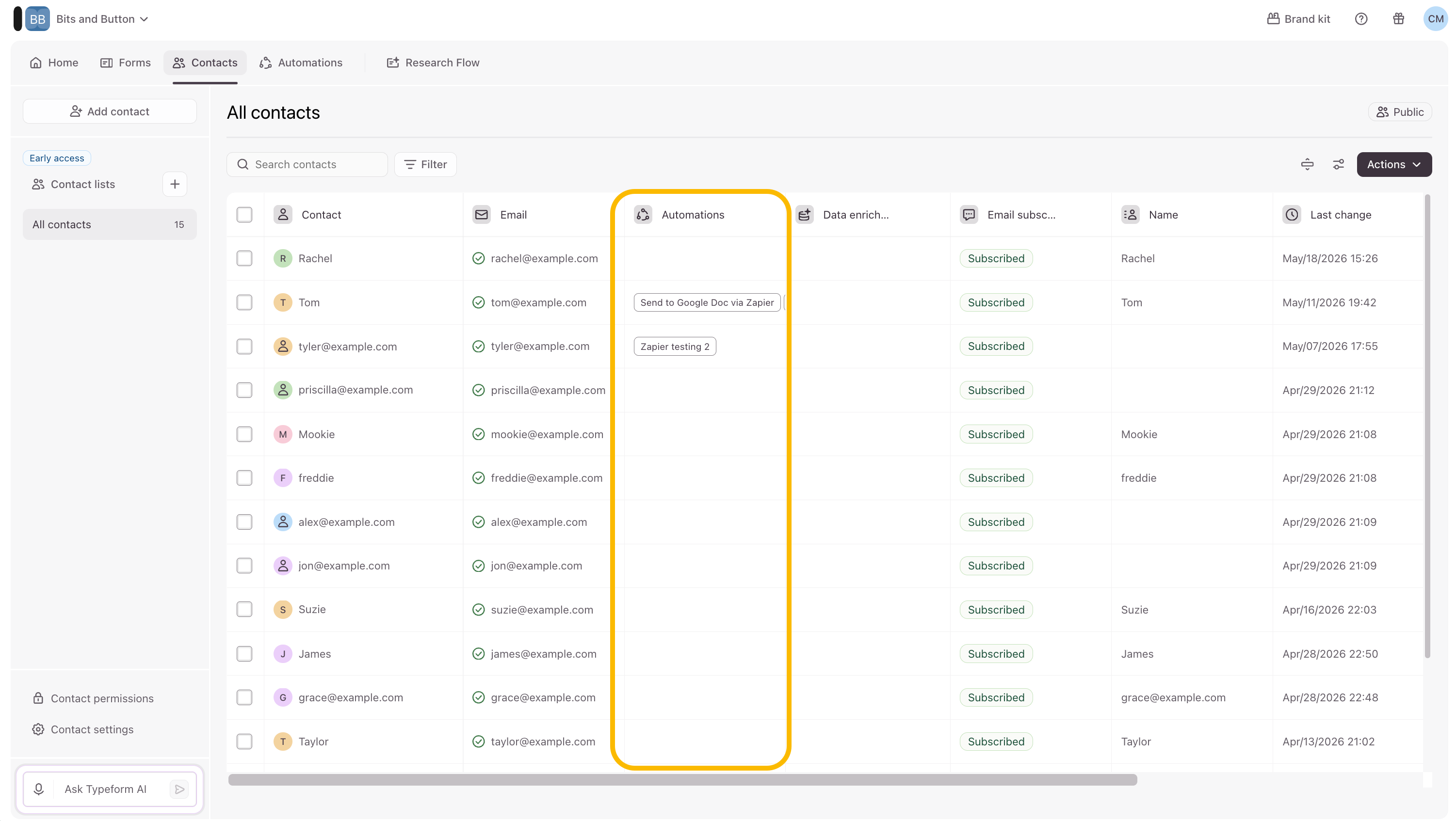 The Contacts table highlighting the Automations column showing active automation counts for entries.