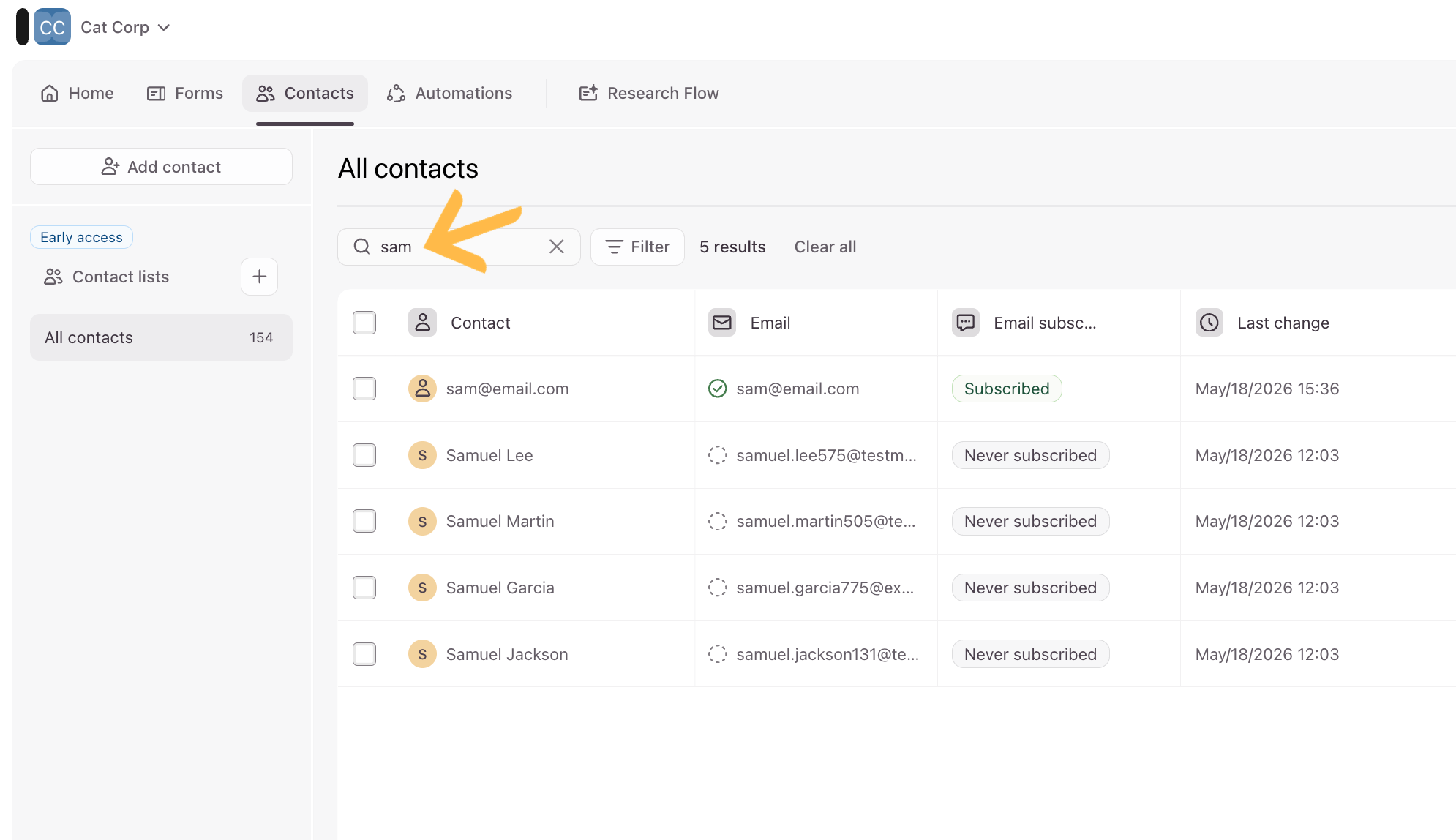 The search bar interface positioned directly above the main Contacts data table.