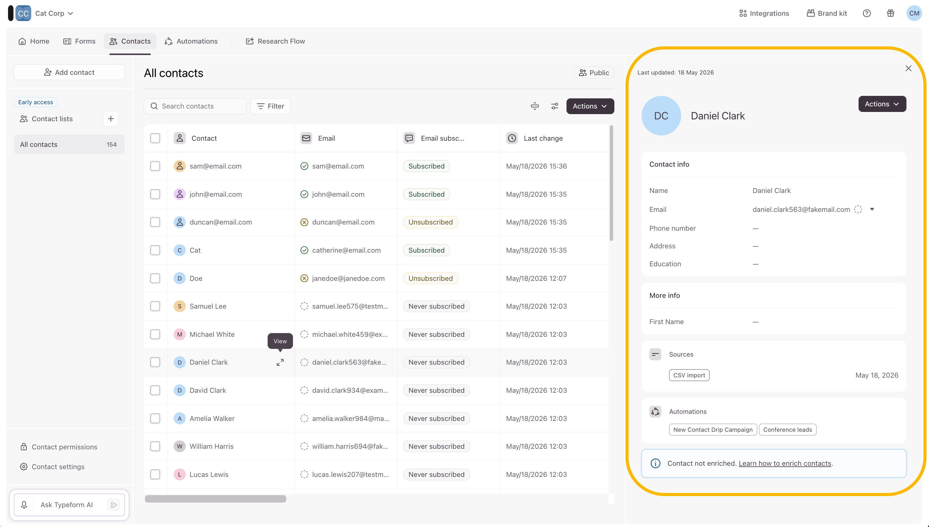 The contact profile details sidebar fully expanded on the right side of the screen.