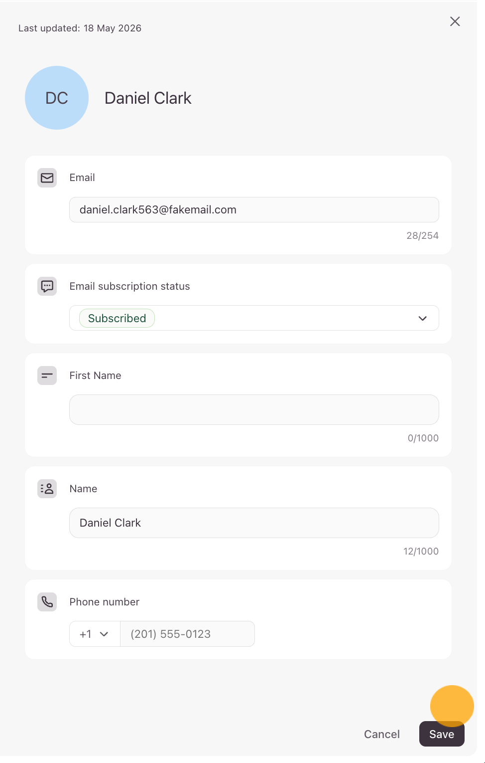 The contact properties sidebar switched into editable form fields with a highlighted Save button.