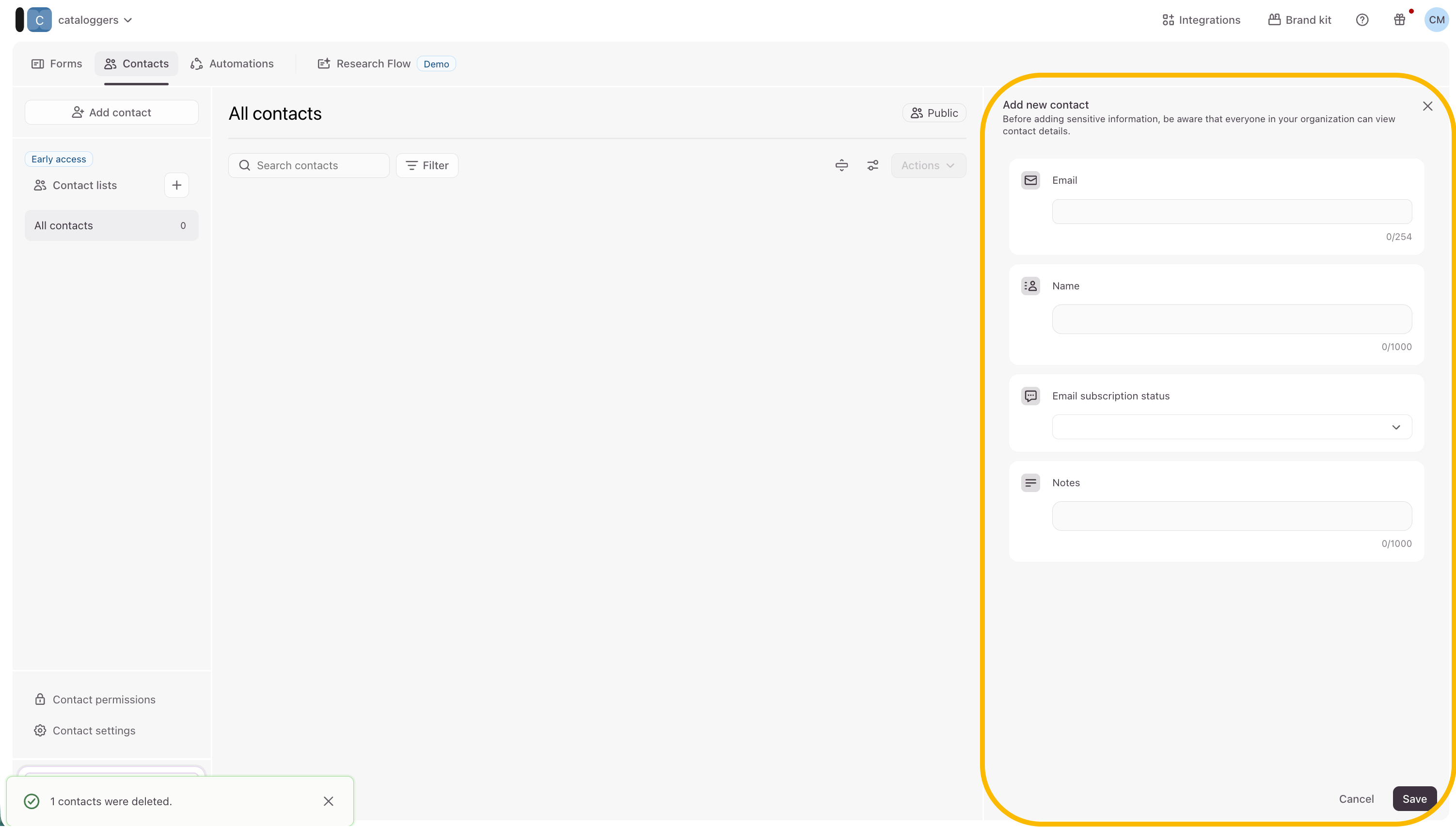 The right-hand sidebar for creating an individual contact, showing default empty property fields.