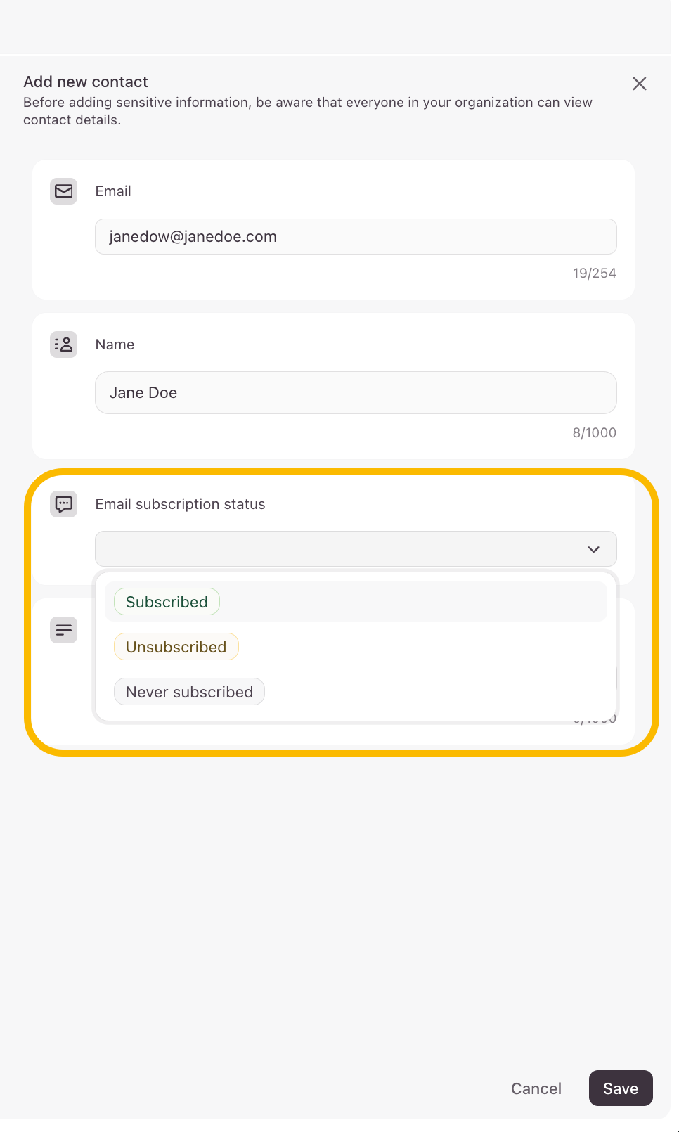 The Subscription status dropdown menu showing options like Subscribed, Unsubscribed, and Suppressed.