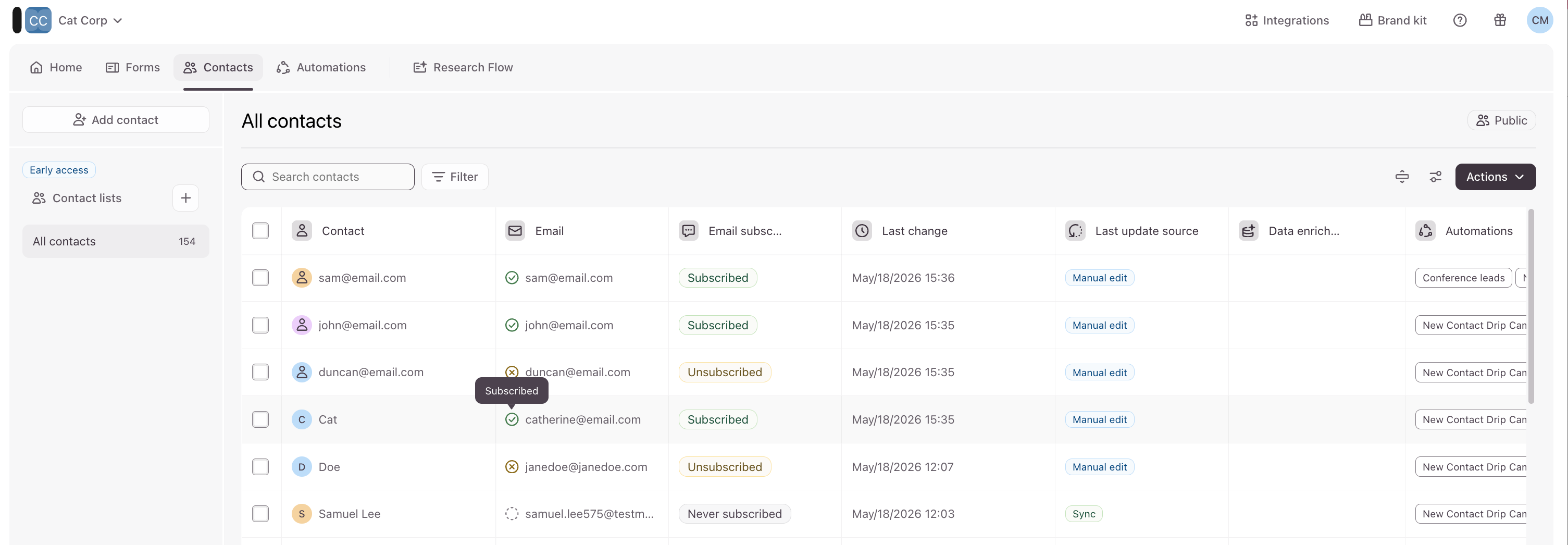 The default Contacts table displaying populated rows with the Subscription Status and Email columns.