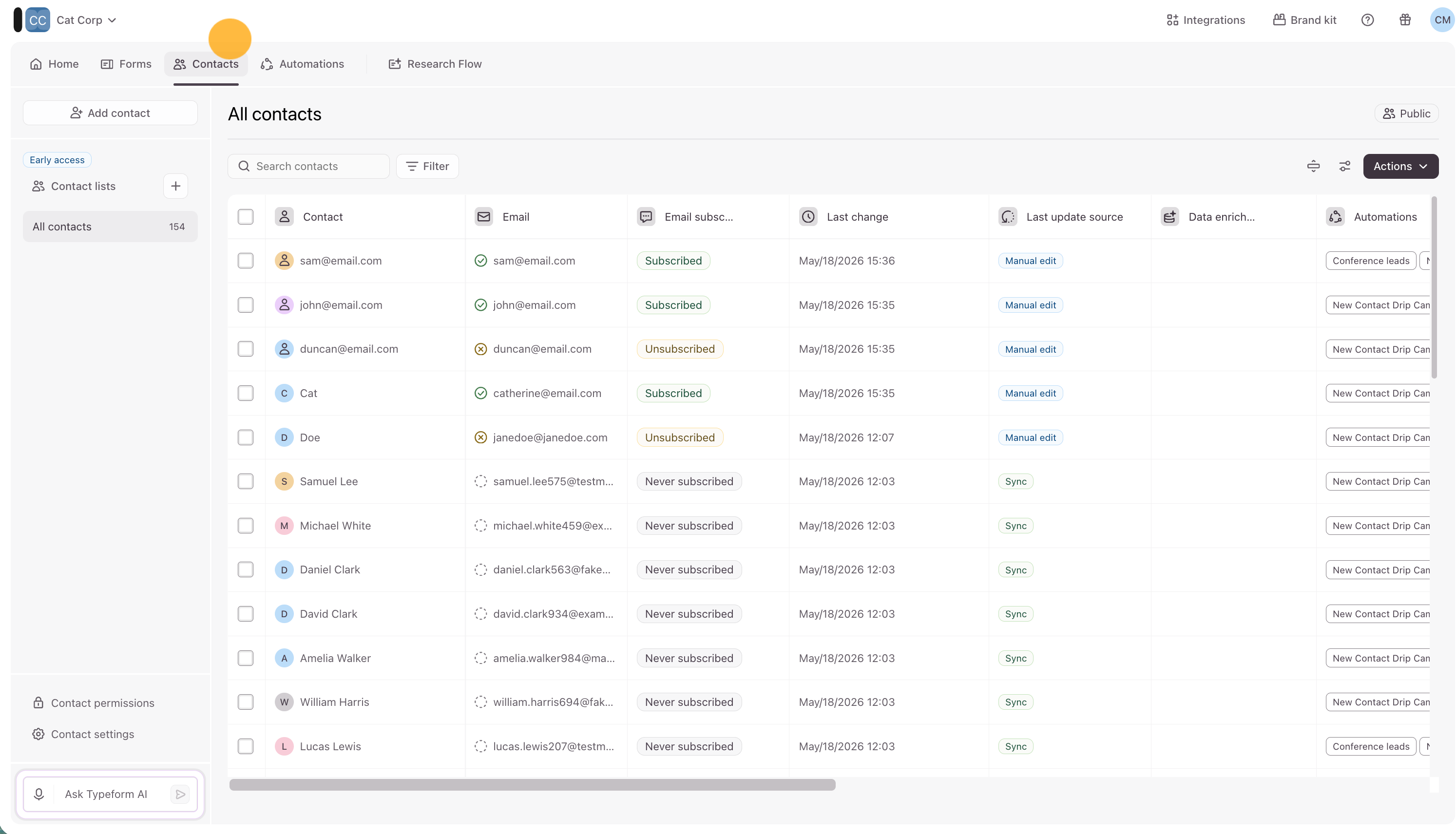 The main Contacts tab layout displaying a summary list of all current contacts.