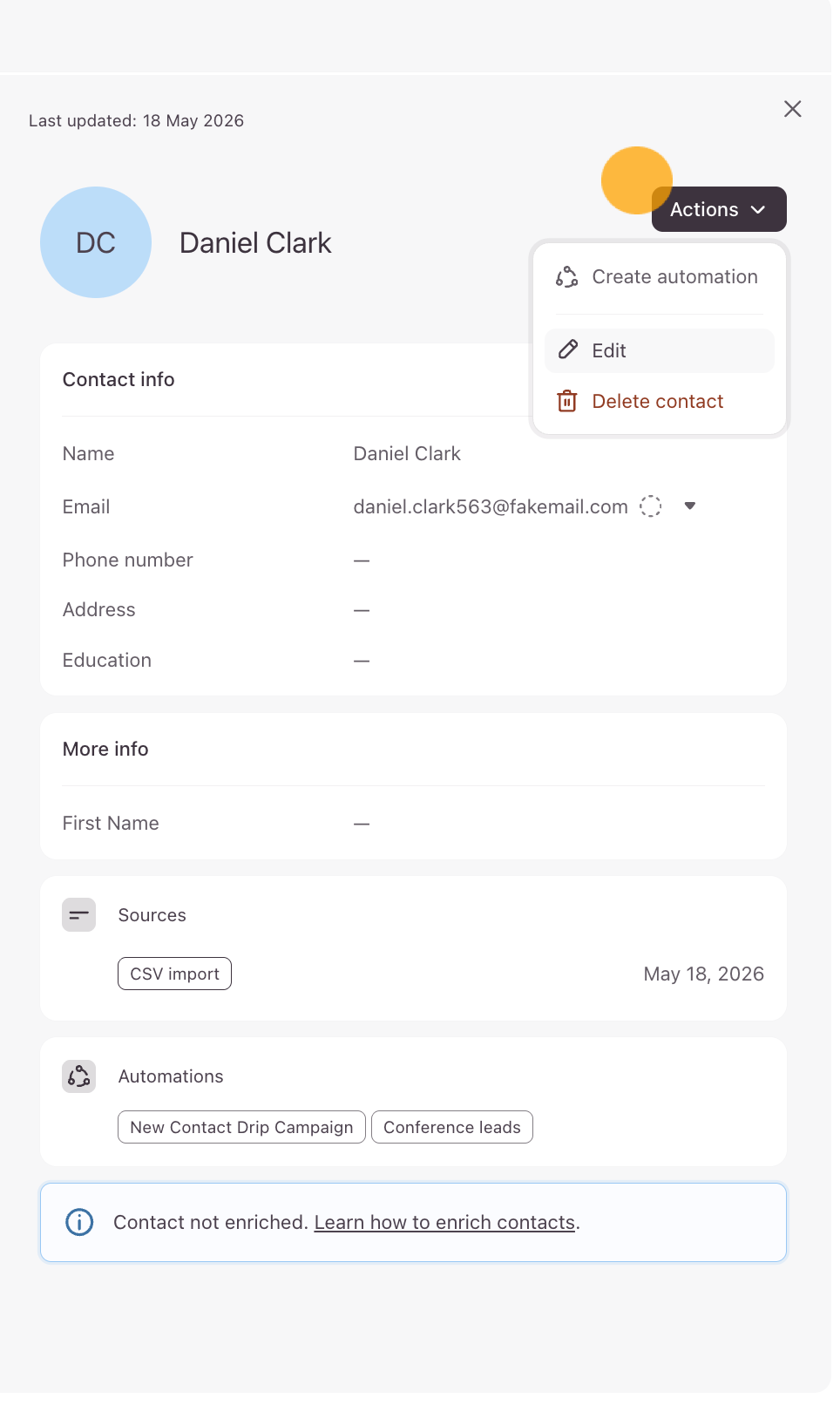The Actions dropdown menu inside the contact sidebar with the Edit option highlighted.