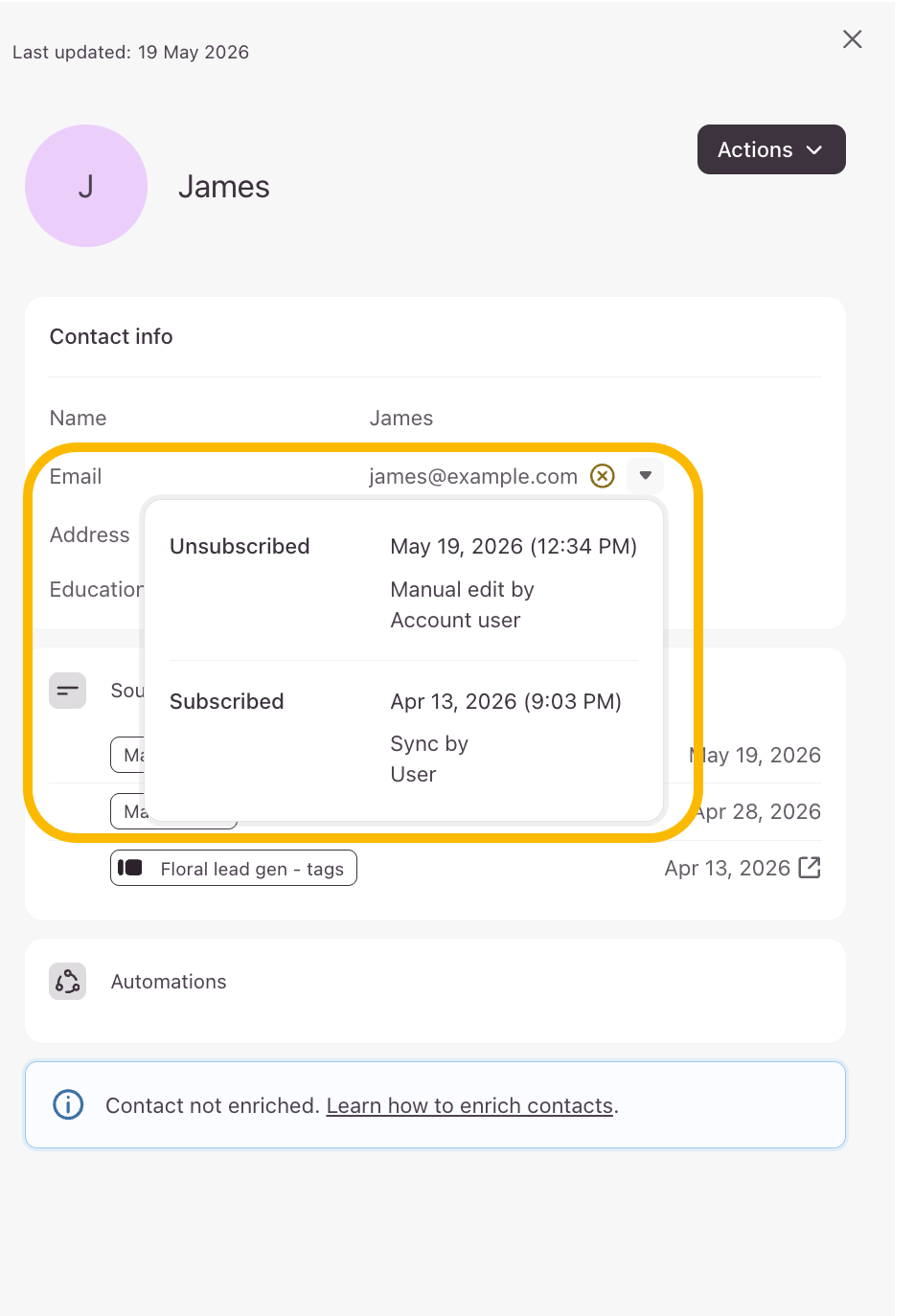 The contact sidebar displaying a dropdown menu next to contact credentials to show subscription history.
