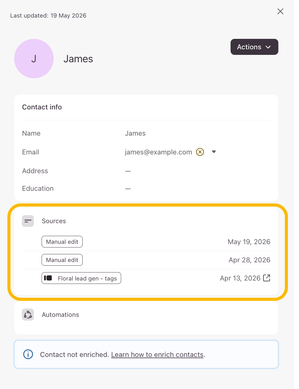 The contact details sidebar showcasing the multi-source origin list for an updated contact.