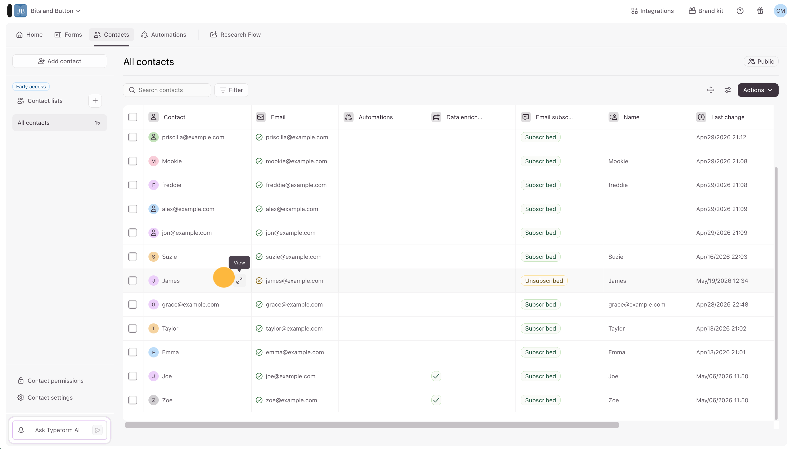 The Contacts table highlighting the View eye icon next to a contact row.