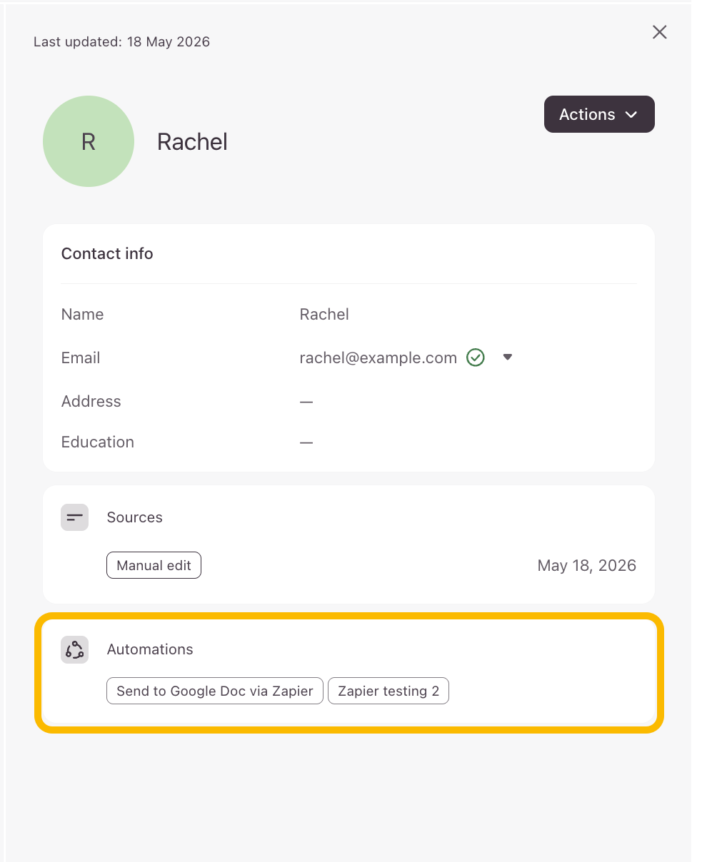 The contact details sidebar showing the active Automations list section at the bottom.