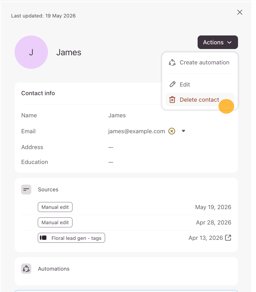 The Actions menu within the specific contact details sidebar showing the Delete contact option.