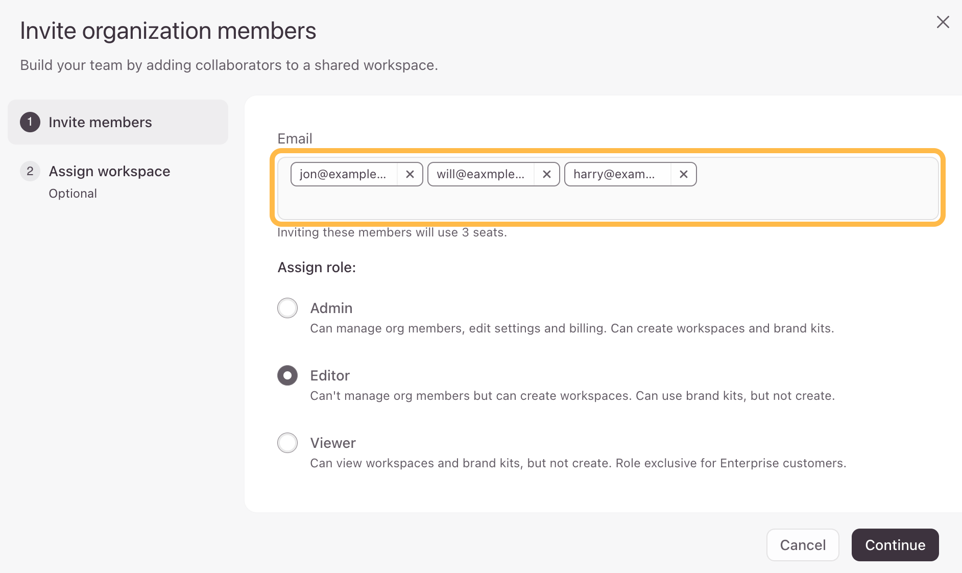 La fenêtre de configuration dans laquelle plusieurs adresses e-mail sont saisies avant de cliquer sur le bouton Continuer.