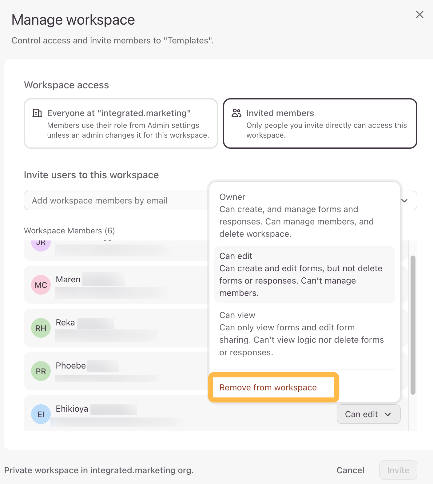 Le menu de configuration déroulant mettant en avant la ligne d'option secondaire « Supprimer de l'espace de travail » pour éjecter un profil utilisateur.