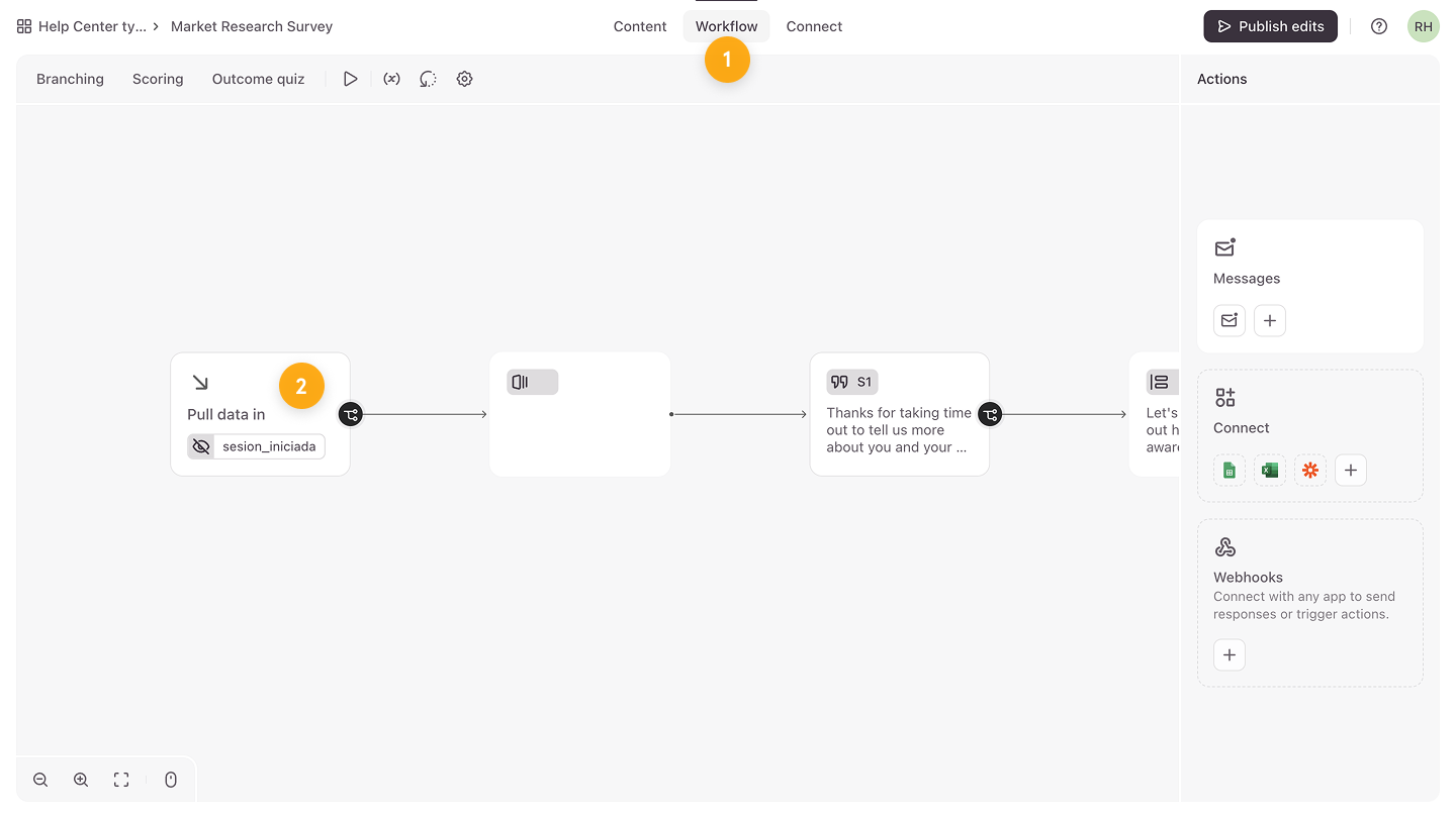 Panneau des paramètres du flux de travail Typeform avec l'option Importer des données mise en avant