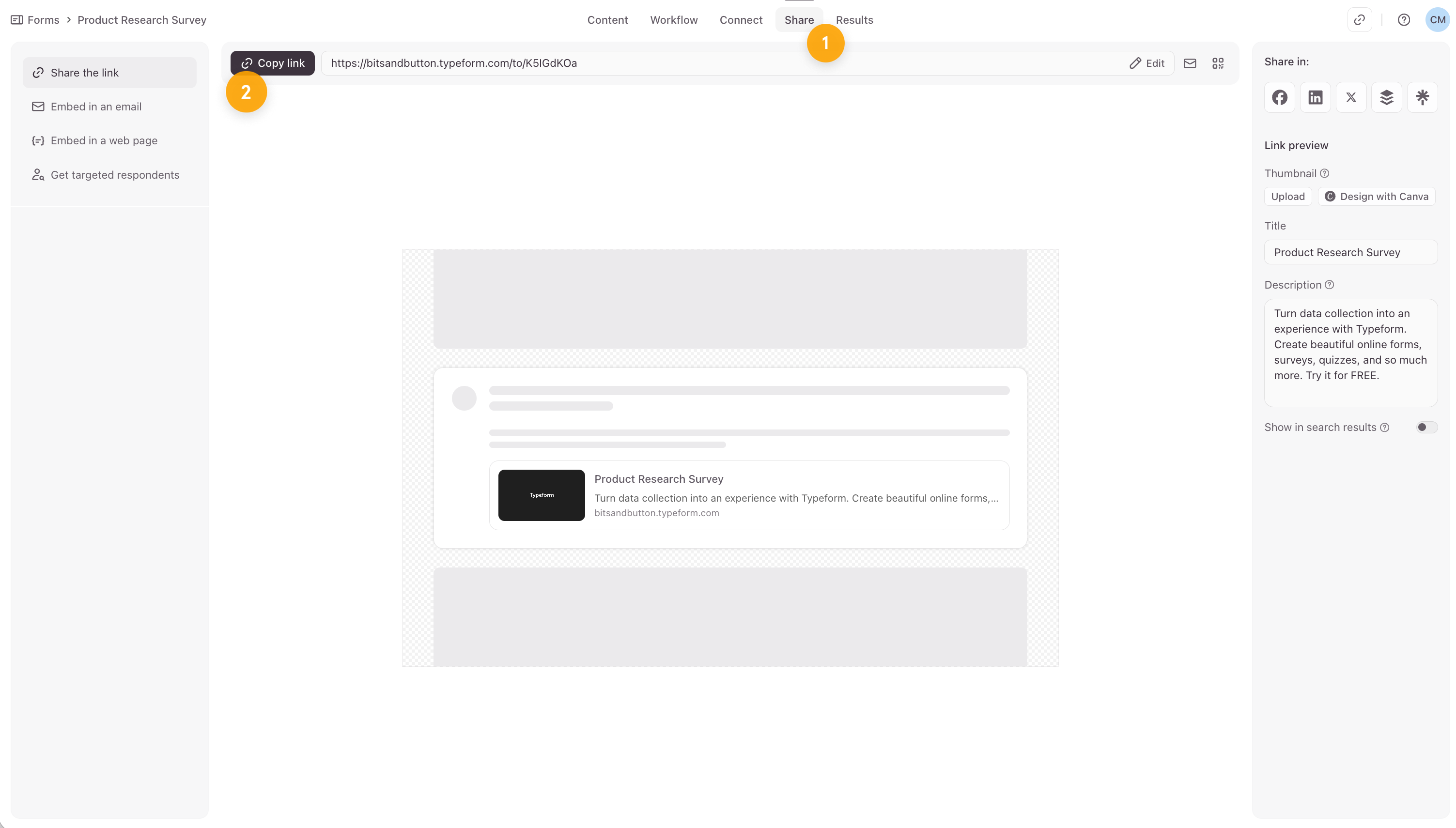 Le panneau de partage de Typeform mettant en évidence la section de copie du lien avec les paramètres d'URL ajoutés