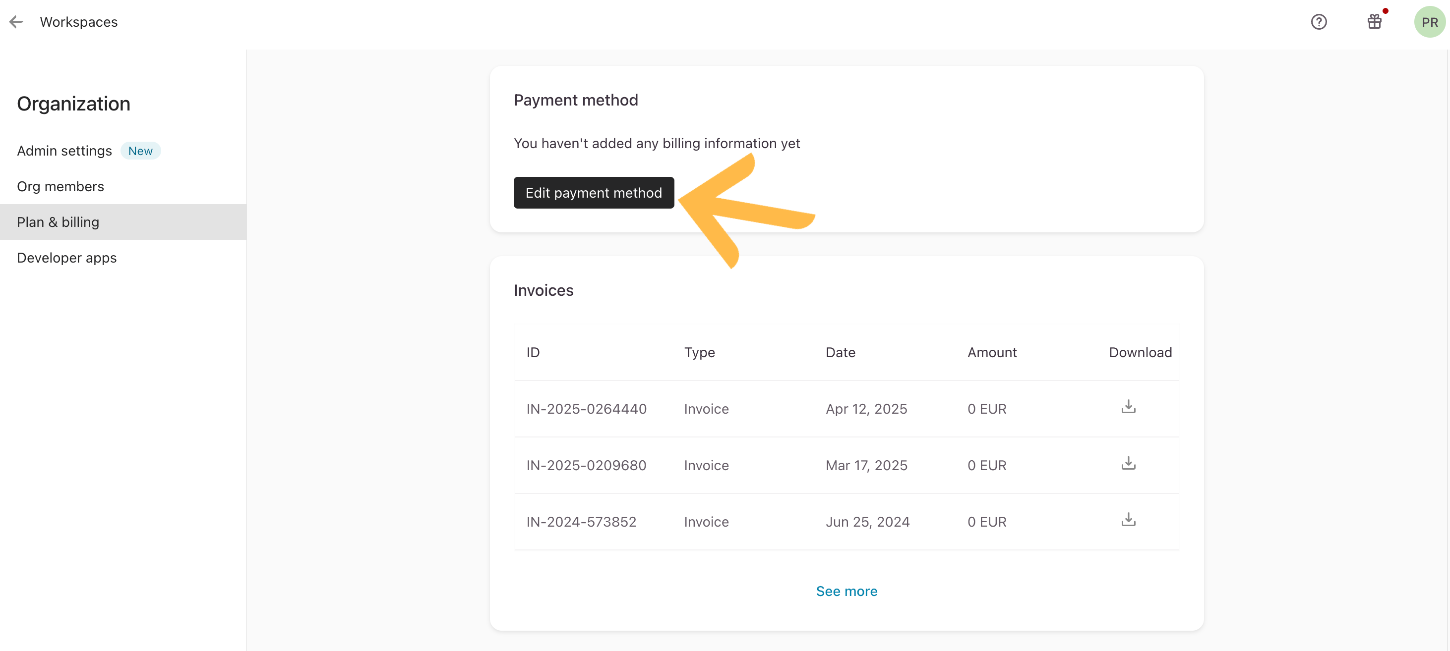 Section du mode de paiement avec le bouton Modifier le mode de paiement mis en avant