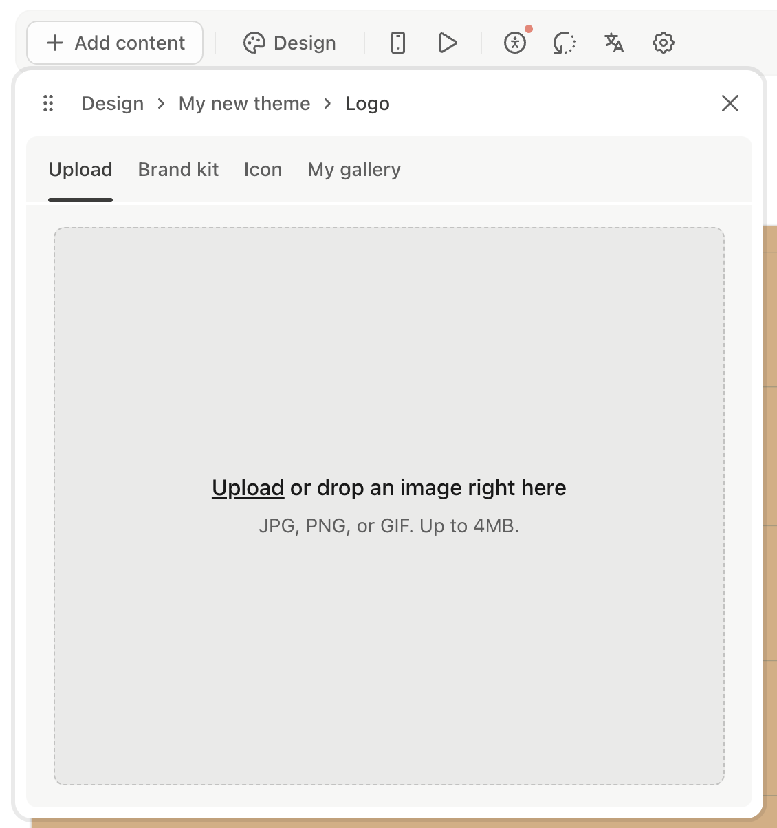 Menú de selección del origen del logotipo que muestra las opciones para subir un archivo, cargar un logo de un kit de marca, elegir un icono o explorar la galería de imágenes.