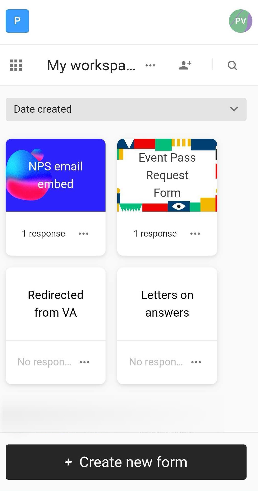 L'écran d'accueil de l'espace de travail du compte Typeform affiché sur un navigateur mobile