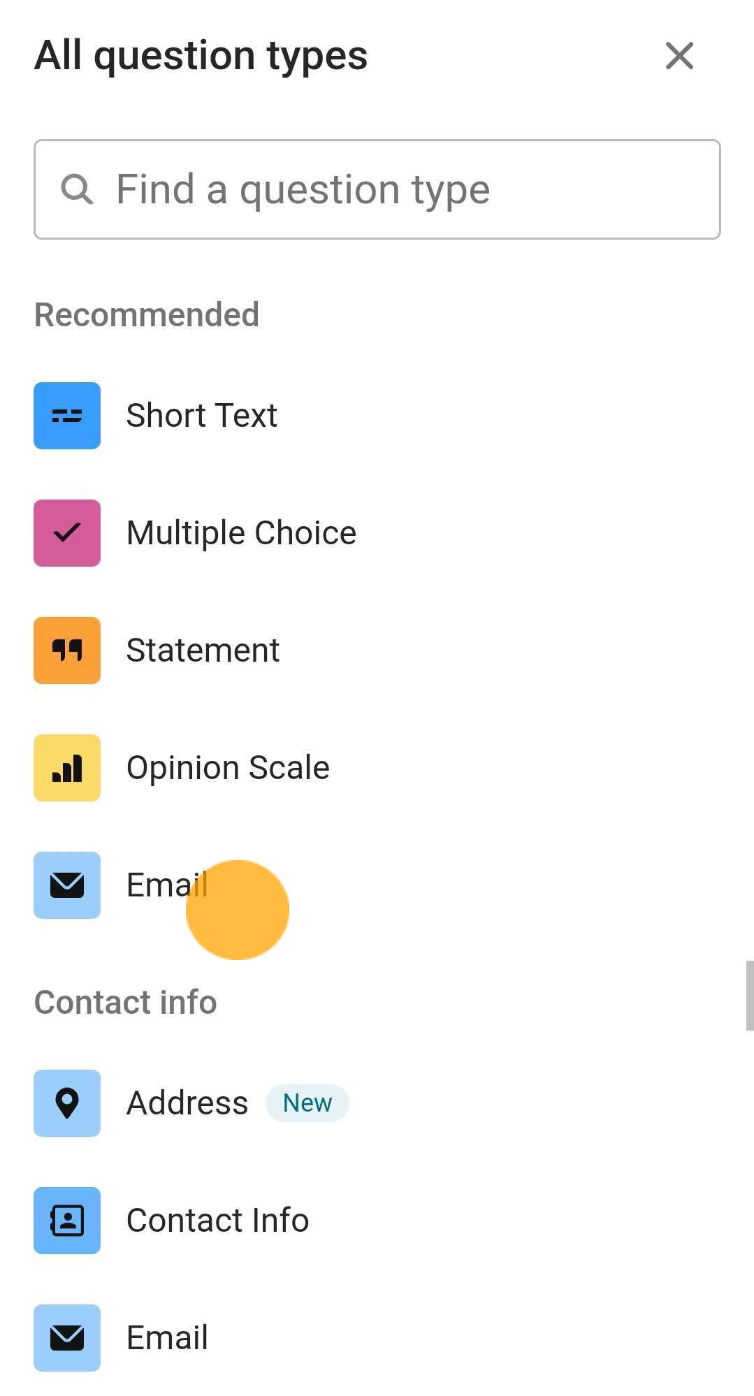 Le menu déroulant des éléments affichant divers types de questions à insérer