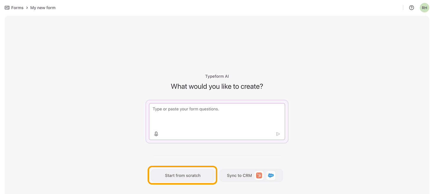 Menu de création affichant des options pour repartir de zéro, importer depuis Google Forms ou utiliser l’IA