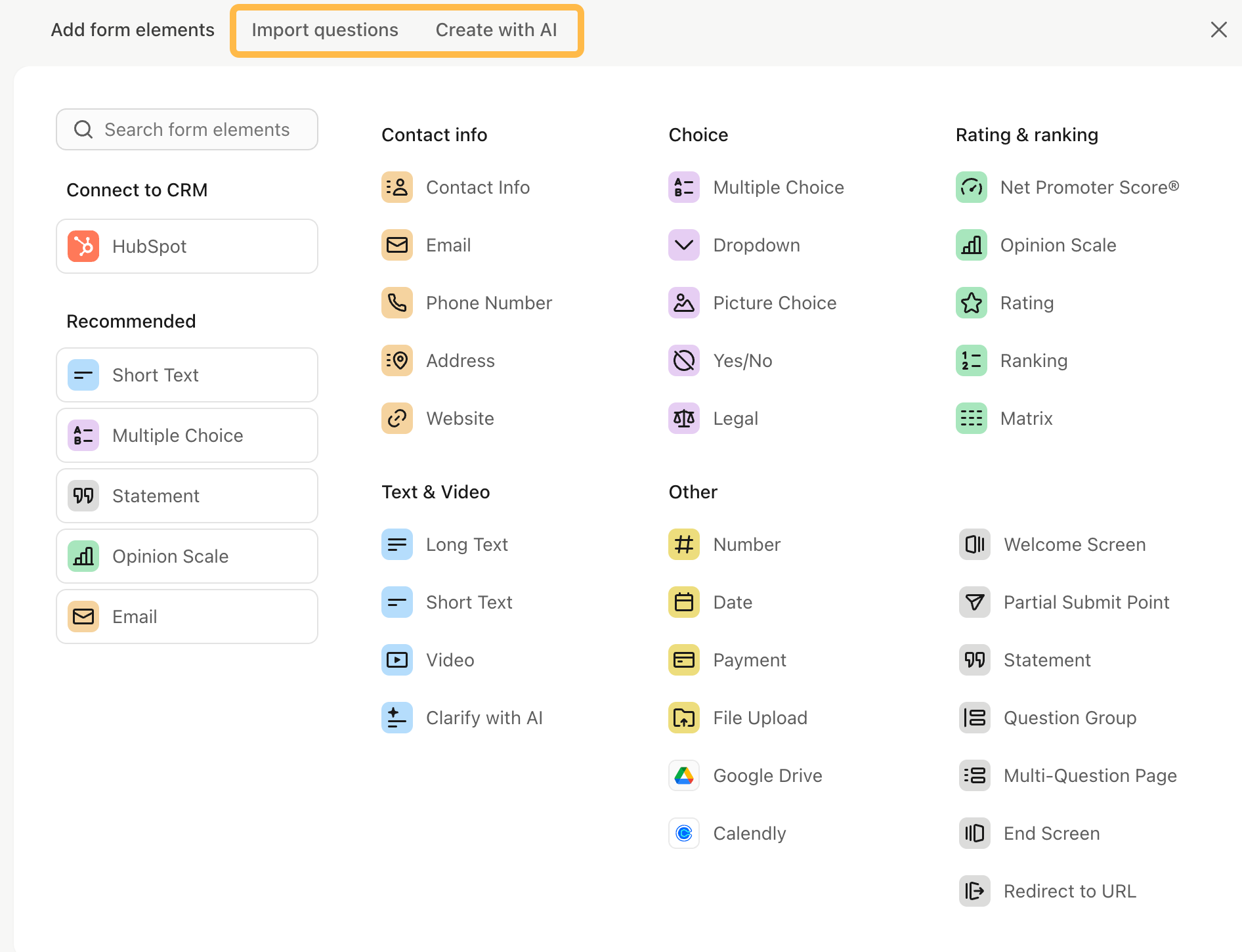 Menu de sélection de questions en surbrillance des onglets en haut pour importer des questions et créer avec l’IA