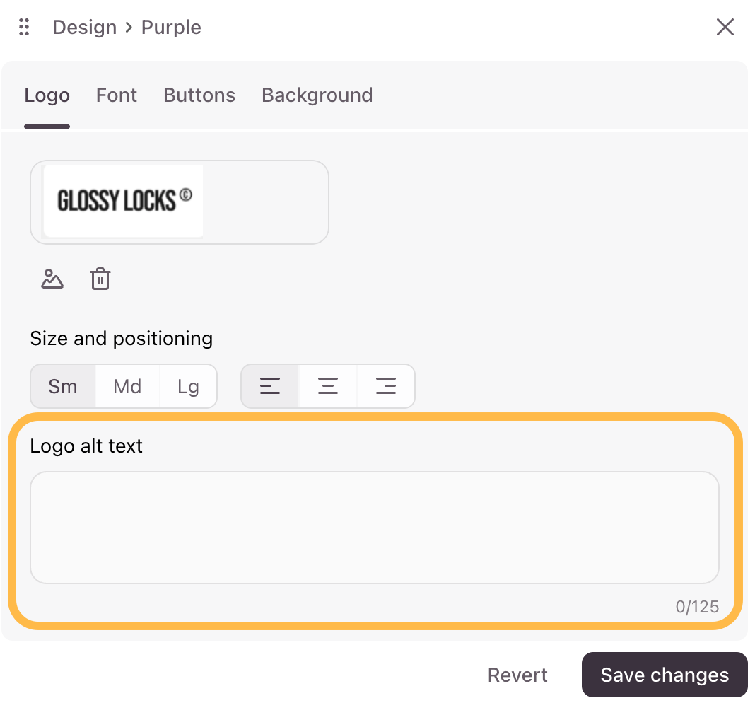Le champ de la zone de texte de configuration du texte alternatif du logo avec les détails de contexte saisis