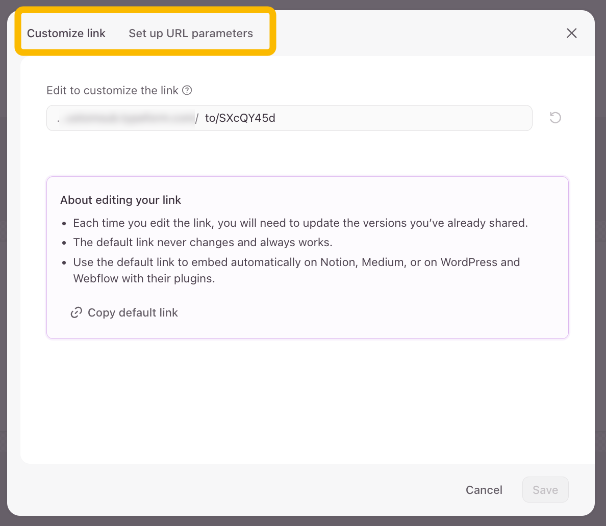 La fenêtre de configuration de modification du lien comportant les onglets « Personnaliser le lien » et « Configurer les paramètres d’URL ».