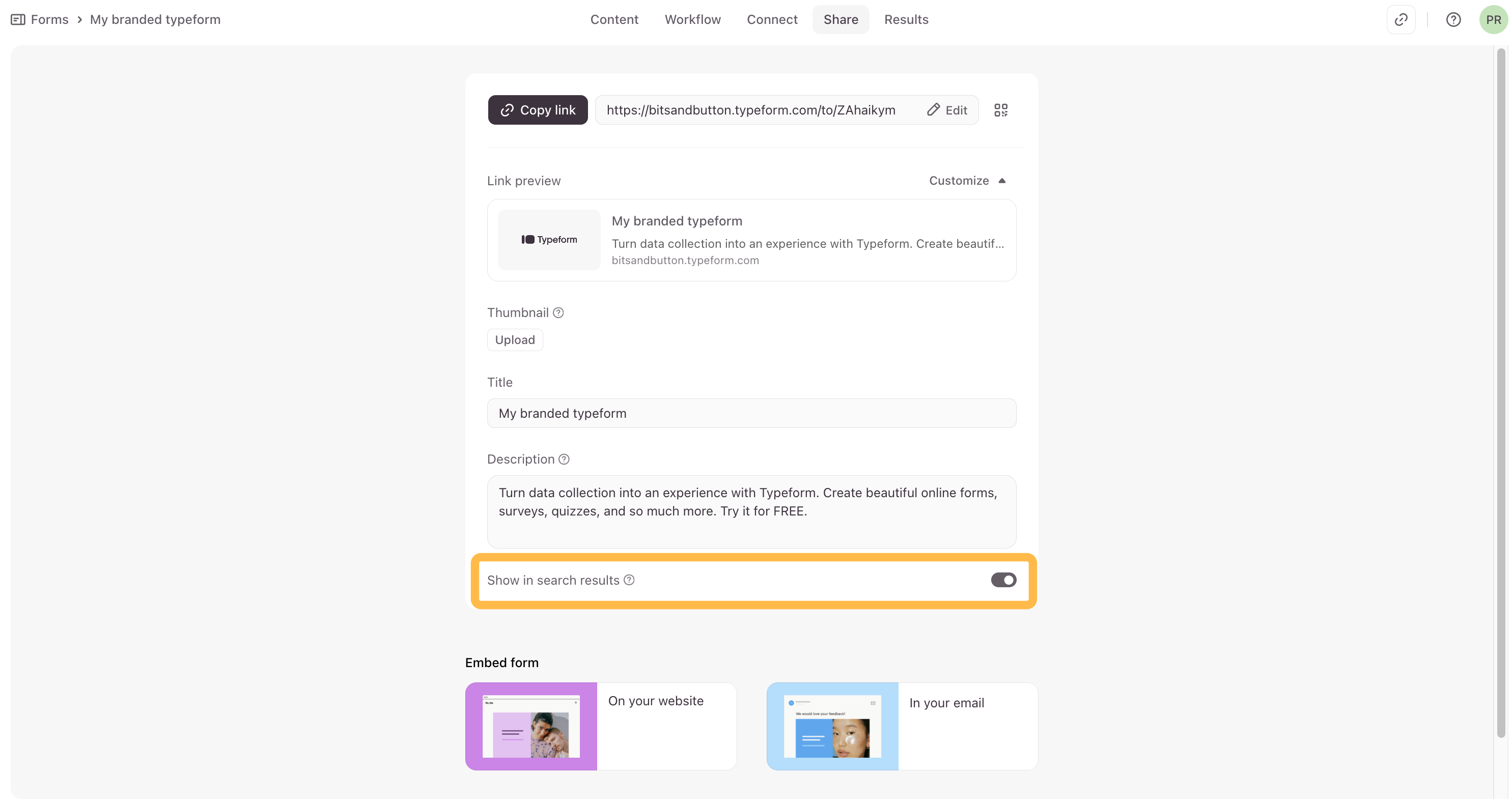 Le menu des options de partage affichant l'interrupteur pour « Afficher dans les résultats de recherche ».
