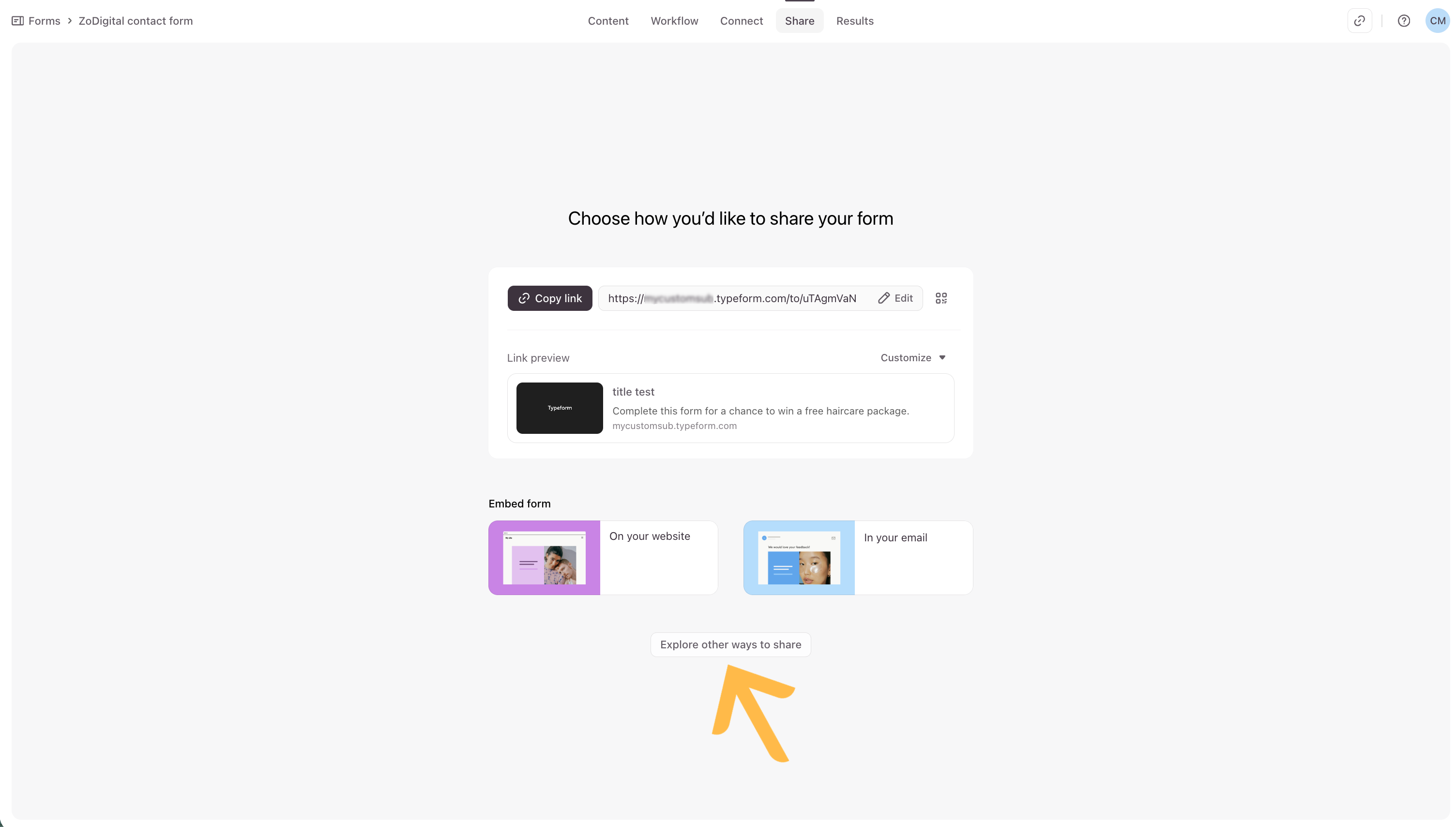 Le bas de la vue simplifiée du panneau Partager mettant en évidence la commande de la section « Explorer d’autres moyens de partager ».