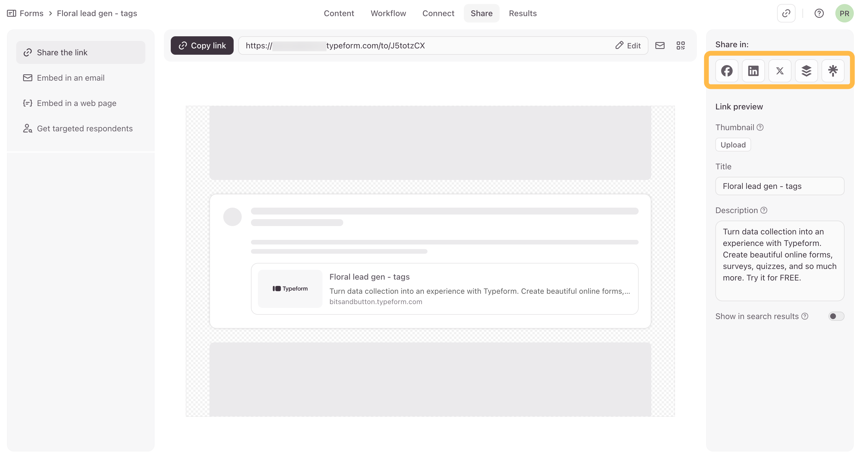 Le bloc de partage direct sur les réseaux sociaux comportant des raccourcis d’icônes pour des plateformes telles que Facebook, LinkedIn et X.