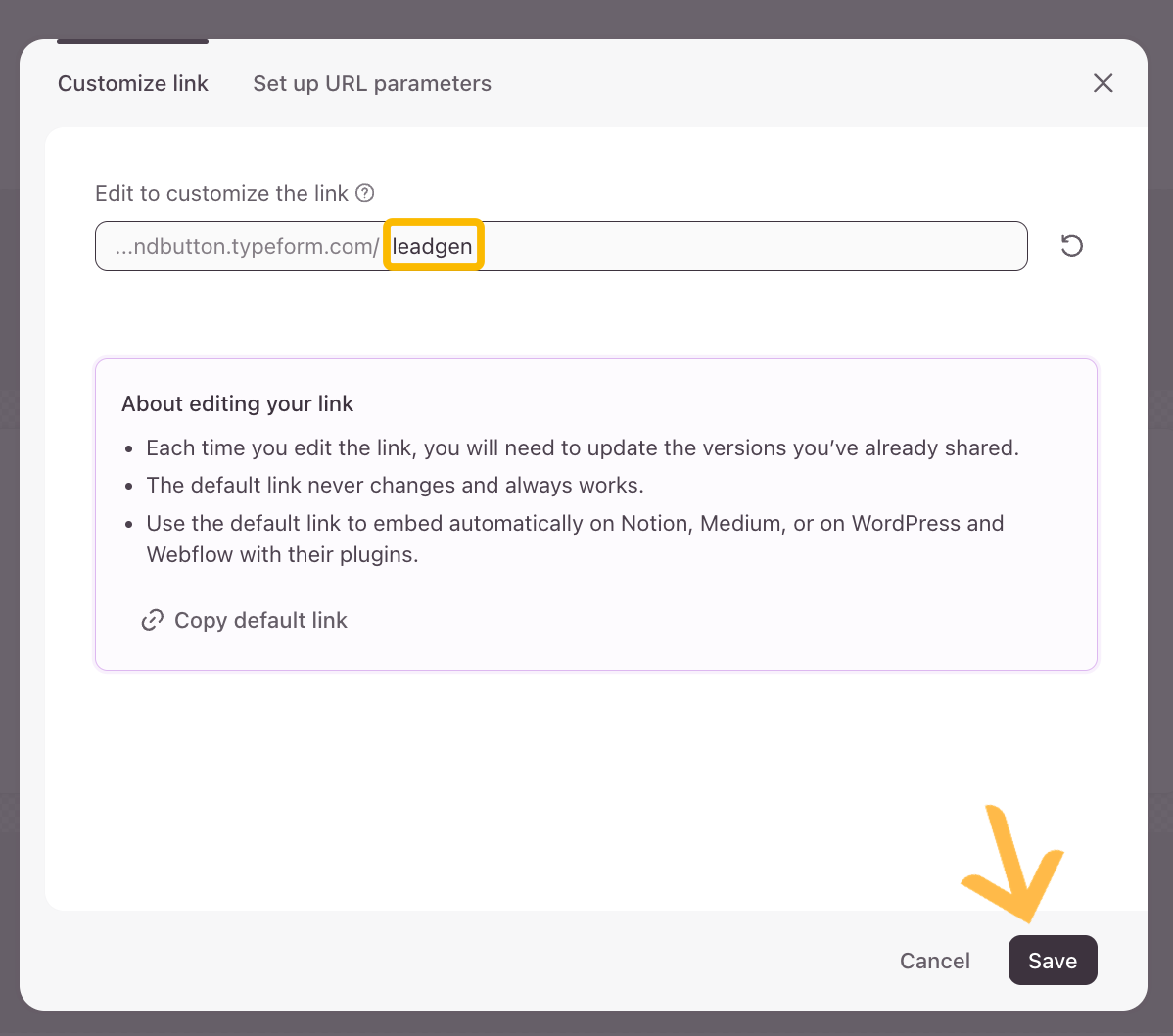 La fenêtre modale contenant un champ de texte dans lequel l’utilisateur saisit une chaîne personnalisée pour modifier l’URL active du formulaire.