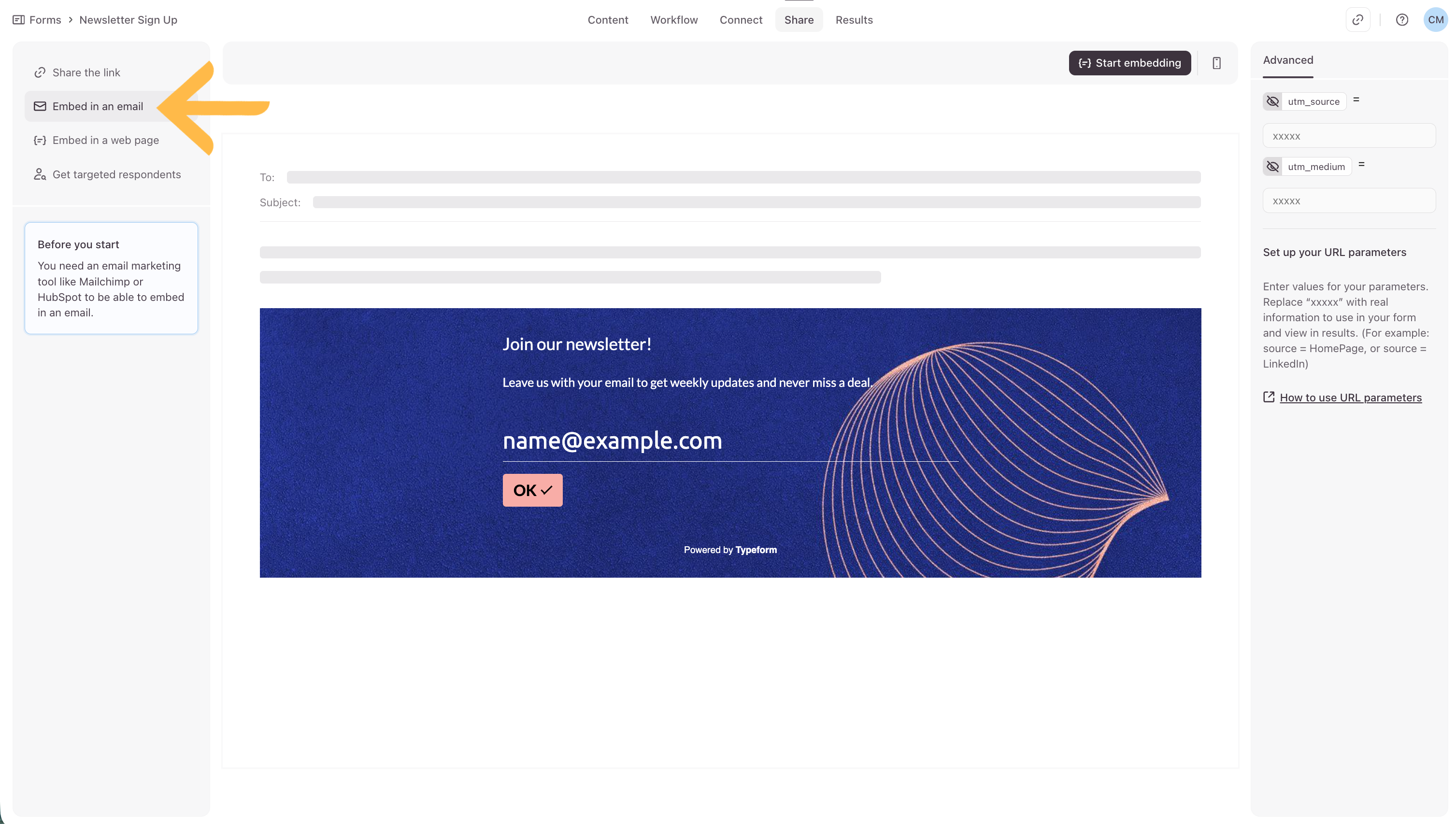 L'interface de préparation du marketing par e-mail détaillant les mises en page d'intégration pour les plateformes de newsletters populaires.