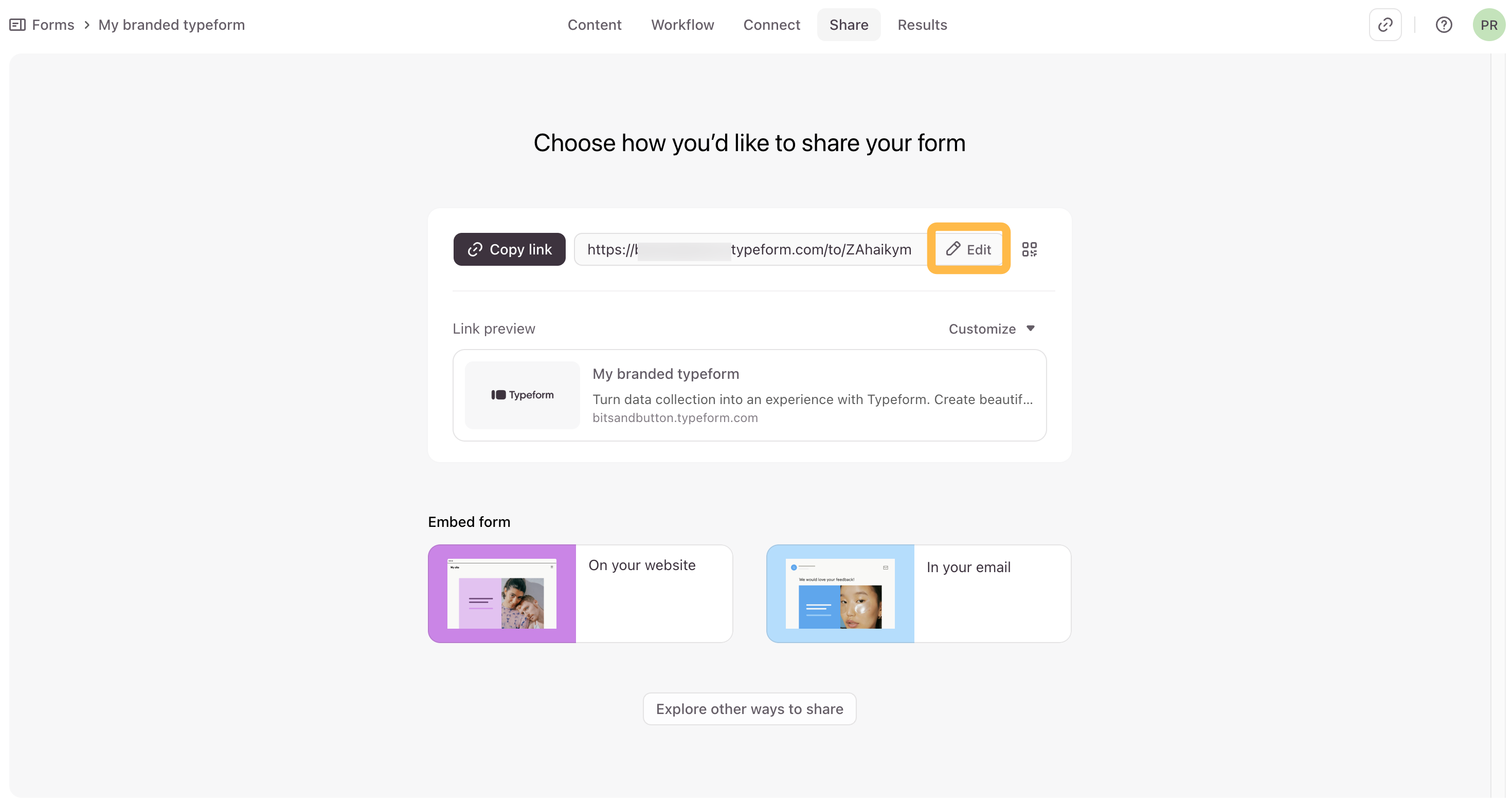 La vue de la section de personnalisation des liens avec le lien d'action « Modifier » mis en avant.