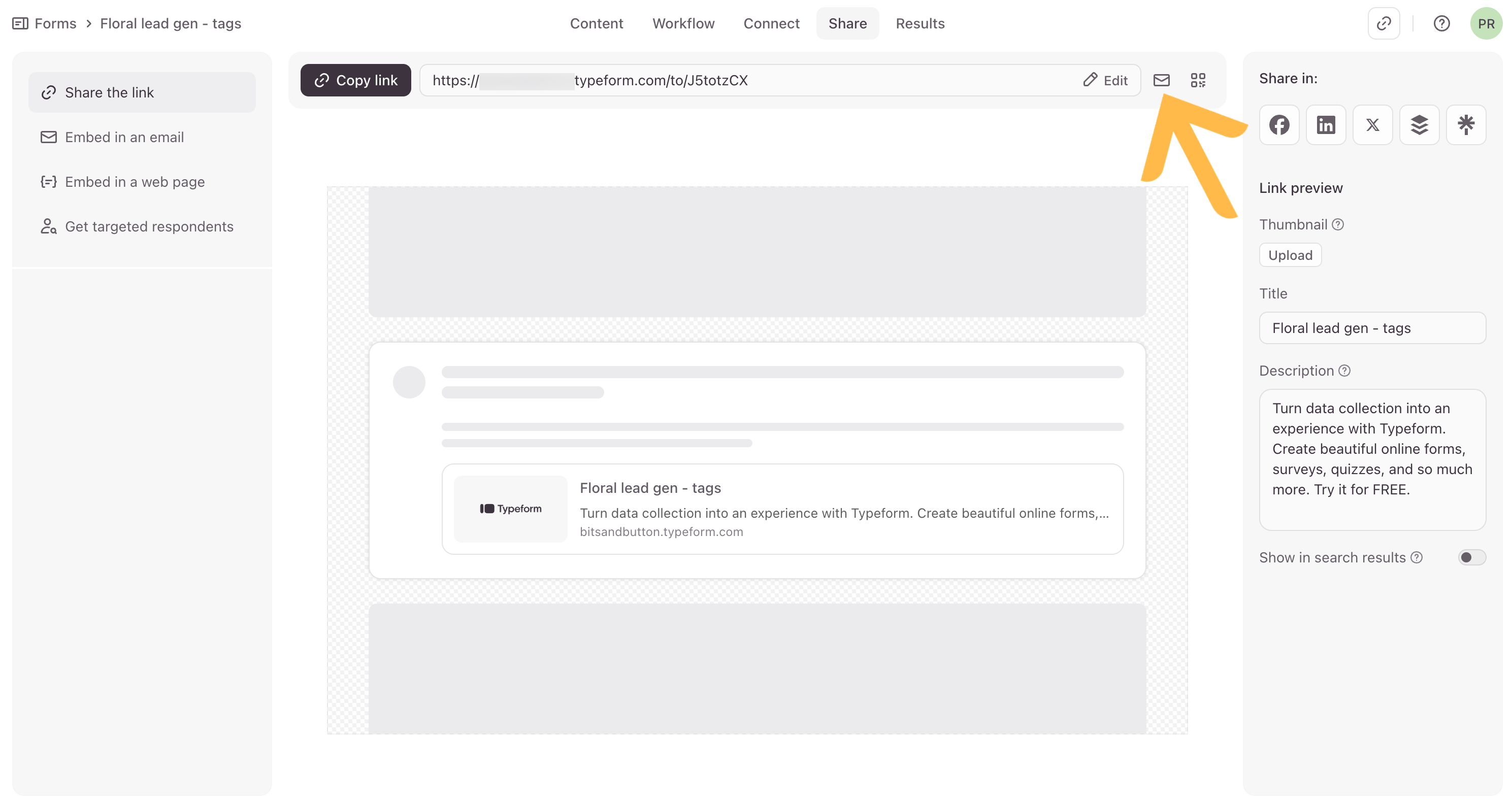 La vue des options de partage affichant le bouton de partage par « e-mail » mis en évidence.