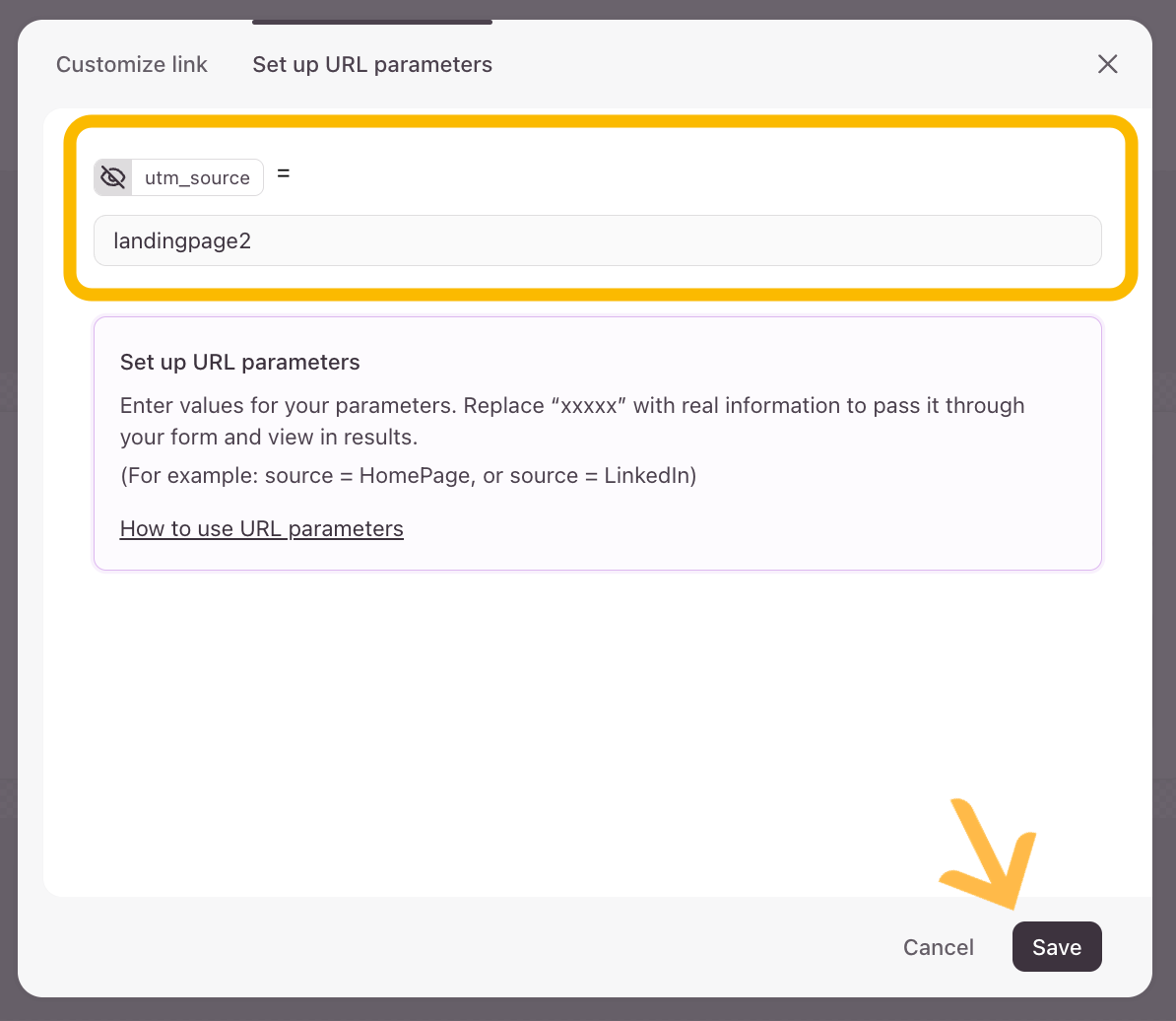 Le bloc répertoriant les paramètres d’URL configurés, avec des champs de saisie pour les clés de variables et les valeurs de test personnalisées.